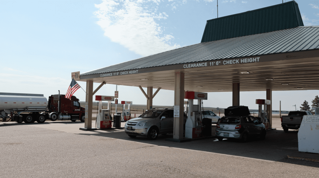 View of the covered gas pumps at the Conoco Gas Station at 1880 Town